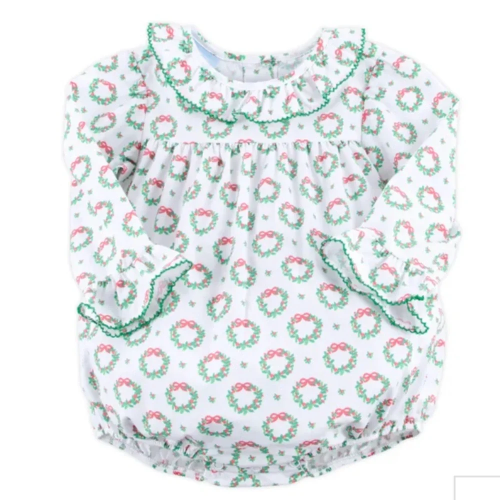 Holiday Wreath White Print Ruffle Collared Bubble
